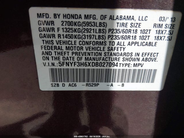 Продаж на аукціоні авто 2013 Honda Pilot Ex-l, vin: 5FNYF3H6XDB027094, номер лоту: 45901763
