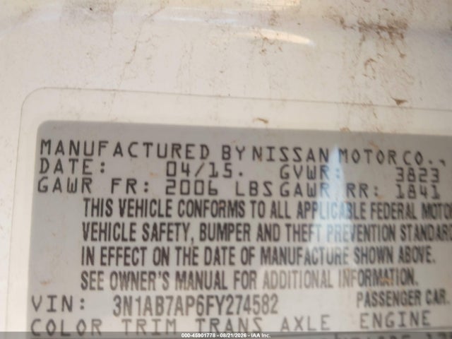 2015 Nissan Sentra Fe+ S/s/sl/sr/sv მანქანა იყიდება აუქციონზე, vin: 3N1AB7AP6FY274582, აუქციონის ნომერი: 45901778