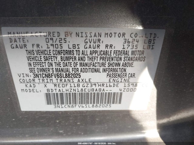45901787 :رقم المزاد ، 3N1CN8FV6SL882025 vin ، 2025 Nissan Versa 1.6 Sr مزاد بيع