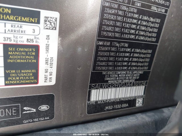 45901802 :رقم المزاد ، SALWG2RV0JA410124 vin ، 2018 Land Rover Range Rover Sport Se مزاد بيع