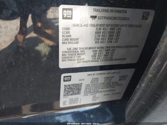 45901816 :رقم المزاد ، 1GTPHDED6TZ219314 vin ، 2026 Gmc Sierra 1500 , Short Bed, Slt, Rwd مزاد بيع