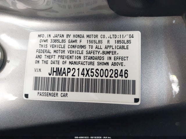 2005 Honda S2000 მანქანა იყიდება აუქციონზე, vin: JHMAP214X5S002846, აუქციონის ნომერი: 45901833