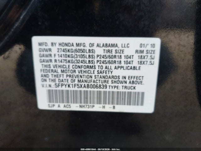 45901844 :رقم المزاد ، 5FPYK1F5XAB006839 vin ، 2010 Honda Ridgeline Rtl مزاد بيع