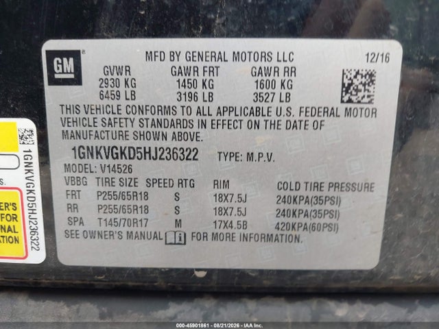 2017 Chevrolet Traverse Lt მანქანა იყიდება აუქციონზე, vin: 1GNKVGKD5HJ236322, აუქციონის ნომერი: 45901861