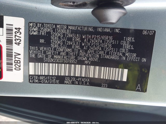 Aukcja sprzedaży 2007 Toyota Sienna Le, vin: 5TDZK23C07S078952, numer aukcji: 45901874