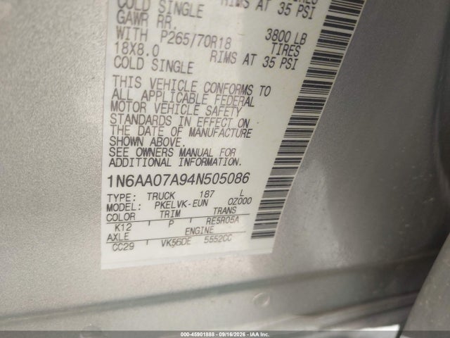 2004 Nissan Titan Le მანქანა იყიდება აუქციონზე, vin: 1N6AA07A94N505086, აუქციონის ნომერი: 45901888