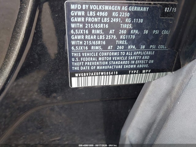 2015 Volkswagen Tiguan S მანქანა იყიდება აუქციონზე, vin: WVGBV7AX0FW585419, აუქციონის ნომერი: 45901889