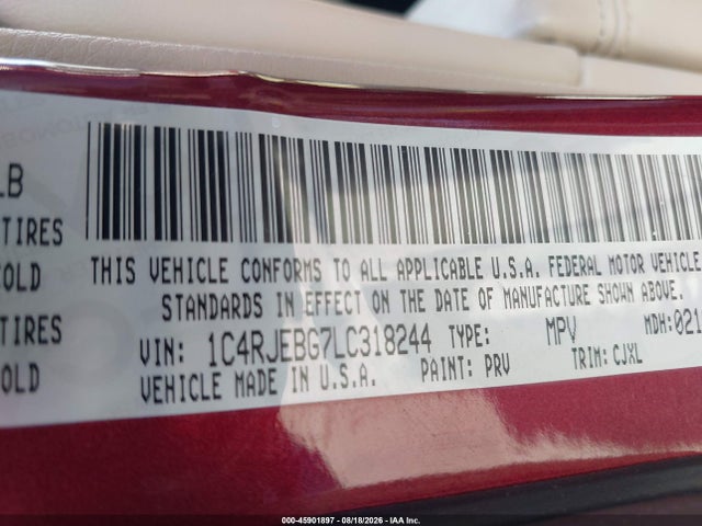 Aukcja sprzedaży 2020 Jeep Grand Cherokee Limited 4x2, vin: 1C4RJEBG7LC318244, numer aukcji: 45901897