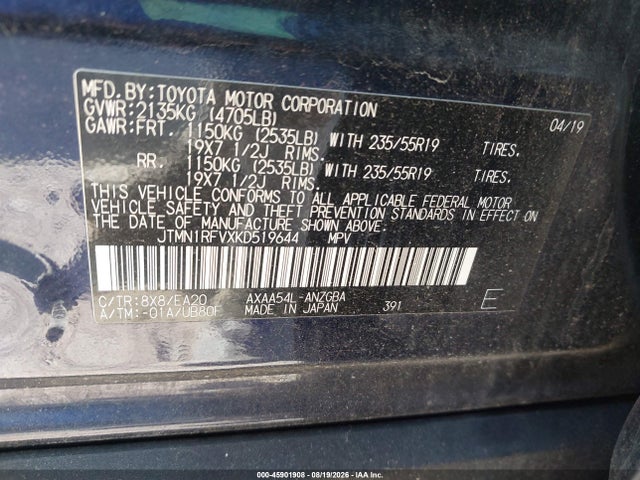 Aukcja sprzedaży 2019 Toyota Rav4 Limited, vin: JTMN1RFVXKD519644, numer aukcji: 45901908