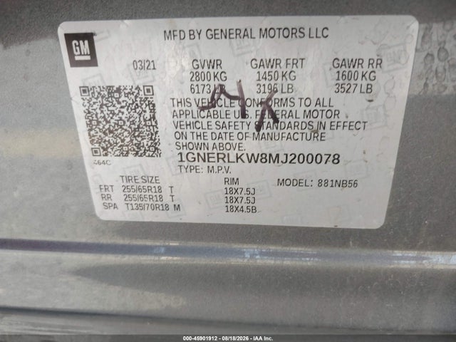 1GNERLKW8MJ200078 Chevrolet Traverse Fwd 1fl