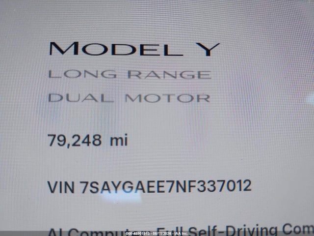 45901913 :رقم المزاد ، 7SAYGAEE7NF337012 vin ، 2022 Tesla Model Y Long Range Dual Motor All-wheel Drive مزاد بيع