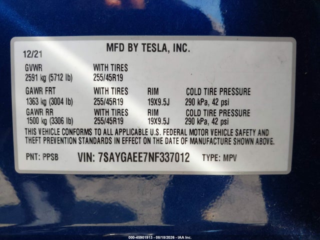 45901913 :رقم المزاد ، 7SAYGAEE7NF337012 vin ، 2022 Tesla Model Y Long Range Dual Motor All-wheel Drive مزاد بيع
