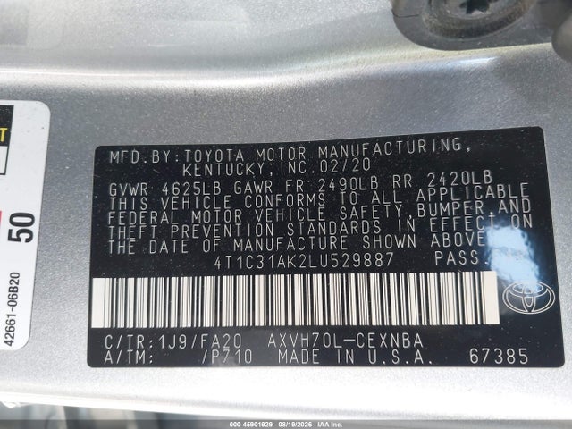 Aukcja sprzedaży 2020 Toyota Camry Le Hybrid, vin: 4T1C31AK2LU529887, numer aukcji: 45901929