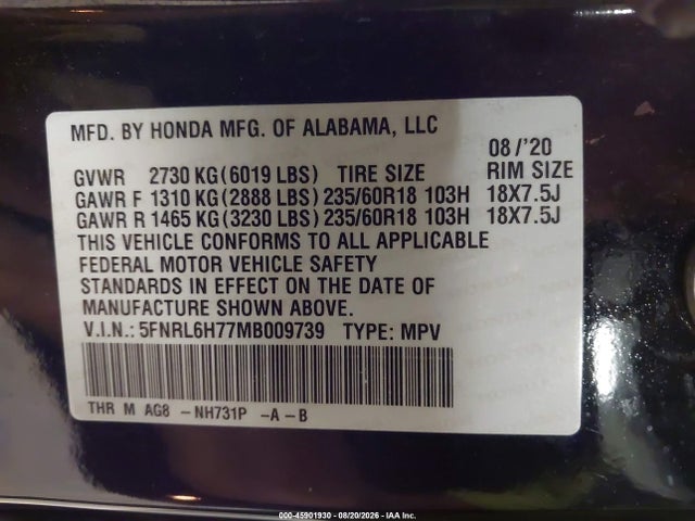 45901930 :رقم المزاد ، 5FNRL6H77MB009739 vin ، 2021 Honda Odyssey Ex-l مزاد بيع