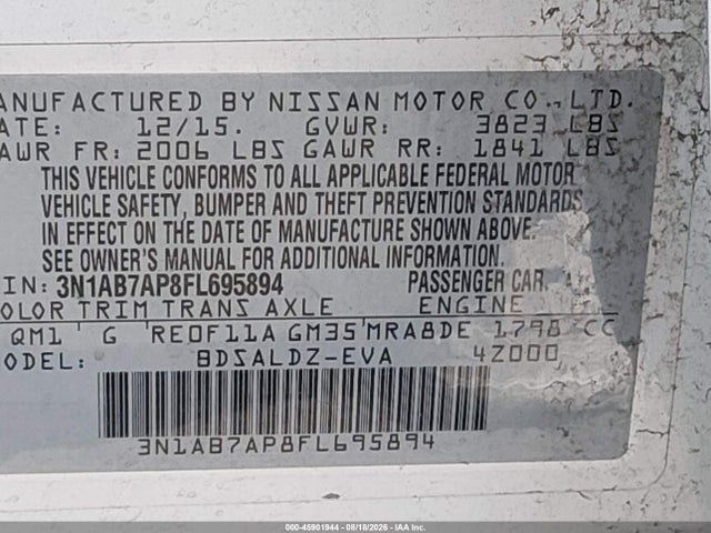 Aukcja sprzedaży 2015 Nissan Sentra Sv, vin: 3N1AB7AP8FL695894, numer aukcji: 45901944