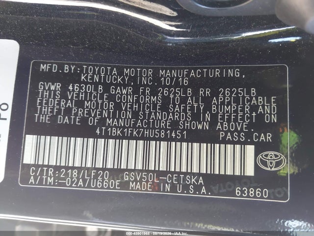 45901968 :رقم المزاد ، 4T1BK1FK7HU581451 vin ، 2017 Toyota Camry Xse V6 مزاد بيع