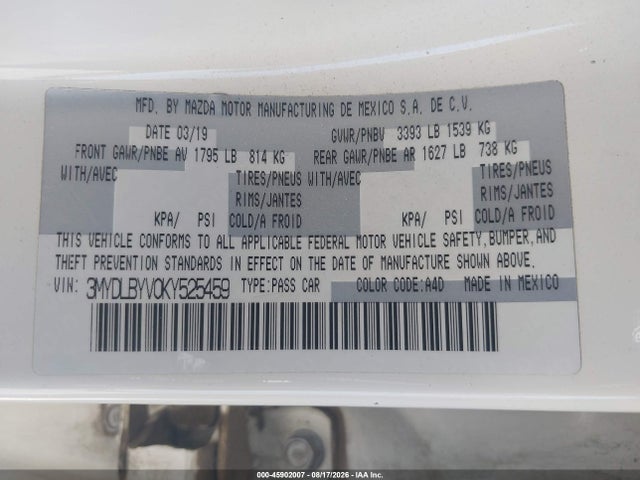3MYDLBYV0KY525459 Toyota YARIS LE