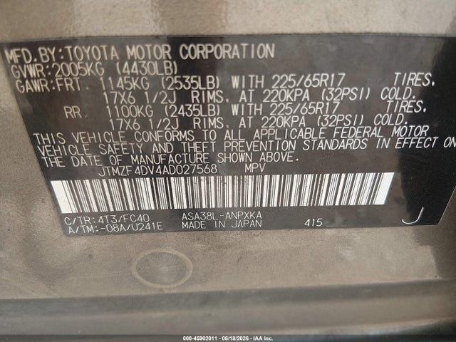 2010 Toyota Rav4 მანქანა იყიდება აუქციონზე, vin: JTMZF4DV4AD027568, აუქციონის ნომერი: 45902011