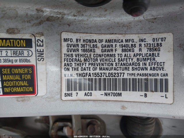 45902035 :رقم المزاد ، 1HGFA15537L052377 vin ، 2007 Honda Civic Lx مزاد بيع