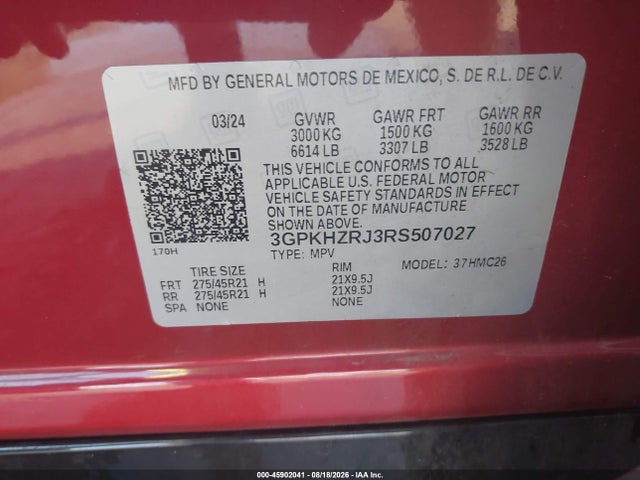 45902041 :رقم المزاد ، 3GPKHZRJ3RS507027 vin ، 2024 Honda Prologue Elite مزاد بيع