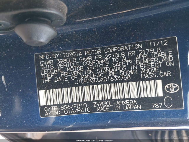 Aukcja sprzedaży 2013 Toyota Prius Two, vin: JTDKN3DUXD1633758, numer aukcji: 45902043