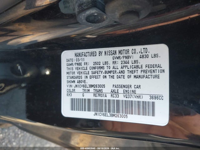 Aukcja sprzedaży 2011 Infiniti G37x, vin: JN1CV6EL3BM263005, numer aukcji: 45902045