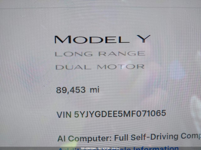 Продаж на аукціоні авто 2021 Tesla Model Y Long Range Dual Motor All-wheel Drive, vin: 5YJYGDEE5MF071065, номер лоту: 45902068