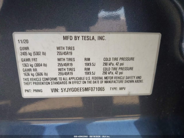 Продаж на аукціоні авто 2021 Tesla Model Y Long Range Dual Motor All-wheel Drive, vin: 5YJYGDEE5MF071065, номер лоту: 45902068