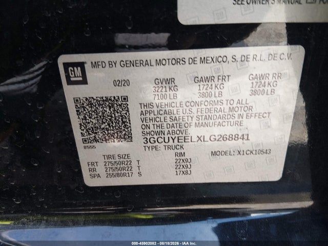 45902082 :رقم المزاد ، 3GCUYEELXLG268841 vin ، 2020 Chevrolet Silverado 1500 4wd  Short Bed Rst مزاد بيع