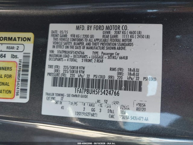 Продаж на аукціоні авто 2015 Ford Mustang Ecoboost Premium, vin: 1FATP8UH5F5424766, номер лоту: 45902098