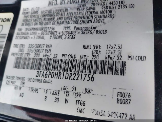 45902100 :رقم المزاد ، 3FA6P0HR1DR221756 vin ، 2013 Ford Fusion Se مزاد بيع