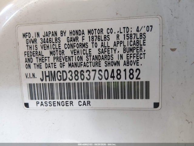 Aukcja sprzedaży 2007 Honda Fit Sport, vin: JHMGD38637S048182, numer aukcji: 45902103