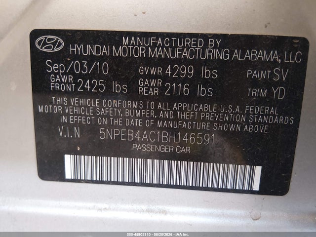 Продажа на аукционе авто 2011 Hyundai Sonata Gls, vin: 5NPEB4AC1BH146591, номер лота: 45902110