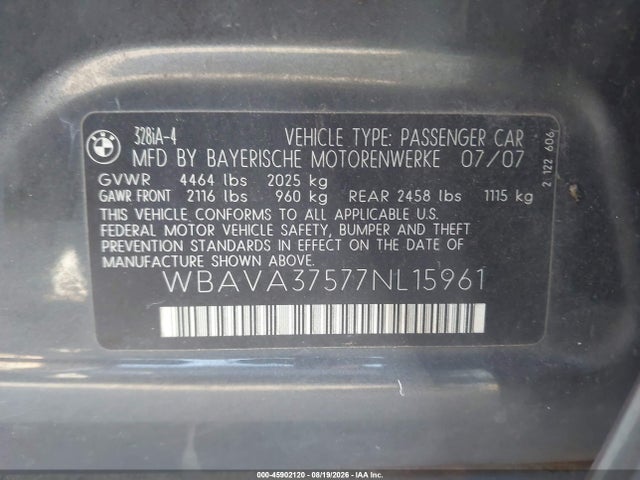 Aukcja sprzedaży 2007 Bmw 328i, vin: WBAVA37577NL15961, numer aukcji: 45902120