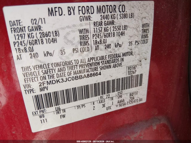45902129 :رقم المزاد ، 2FMDK3JC0BBA88664 vin ، 2011 Ford Edge Sel مزاد بيع