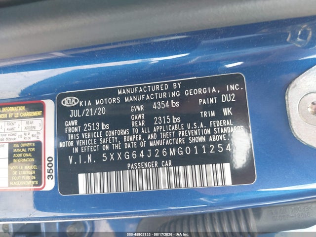 Продажа на аукционе авто 2021 Kia K5 Gt-line, vin: 5XXG64J26MG011254, номер лота: 45902133