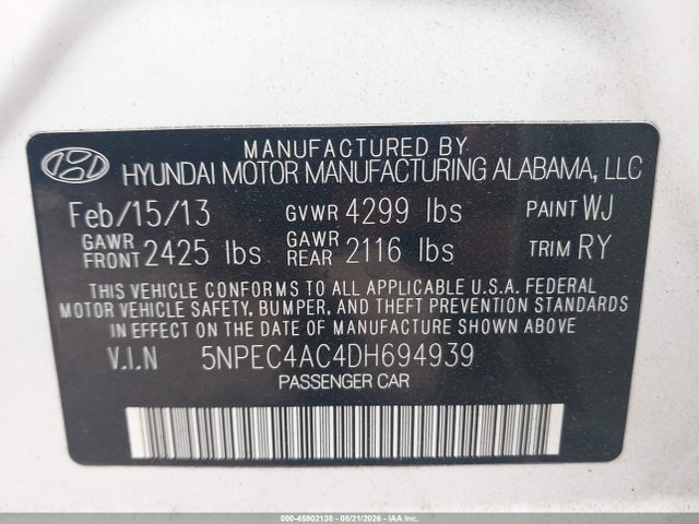 2013 Hyundai Sonata Se მანქანა იყიდება აუქციონზე, vin: 5NPEC4AC4DH694939, აუქციონის ნომერი: 45902138
