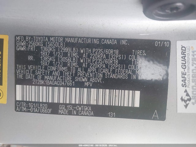 45902160 :رقم المزاد ، 2T2BK1BA0AC047661 vin ، 2010 Lexus Rx 350 مزاد بيع