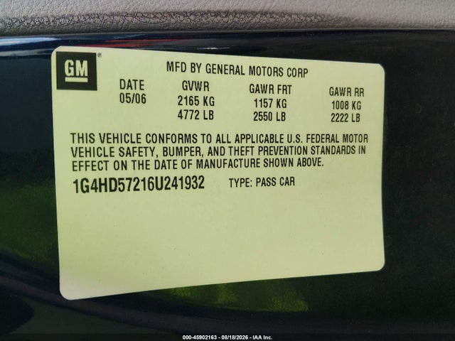 2006 Buick Lucerne Cxl მანქანა იყიდება აუქციონზე, vin: 1G4HD57216U241932, აუქციონის ნომერი: 45902163