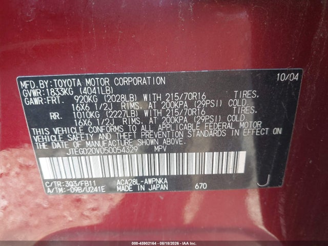 Продажа на аукционе авто 2005 Toyota Rav4, vin: JTEGD20V050054329, номер лота: 45902164
