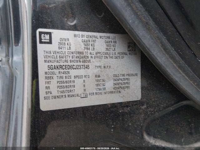 45902178 :رقم المزاد ، 5GAKRCED6CJ237345 vin ، 2012 Buick Enclave Leather مزاد بيع