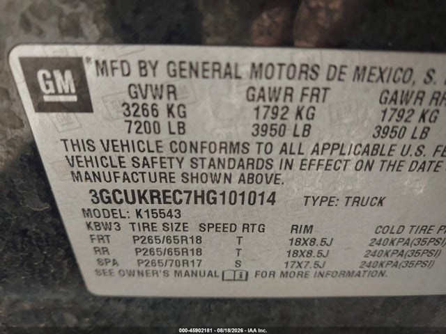 Aukcja sprzedaży 2017 Chevrolet Silverado 1500 Lt, vin: 3GCUKREC7HG101014, numer aukcji: 45902181