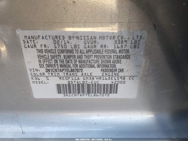 3N1CN7AP7EL867072 Nissan Versa 1.6 Sv