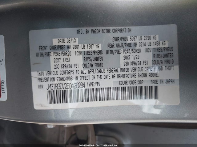 45902204 :رقم المزاد ، JM3TB3DV2E0426284 vin ، 2014 Mazda Cx-9 Grand Touring مزاد بيع