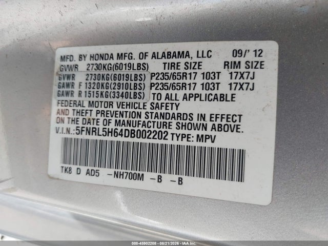 2013 Honda Odyssey Ex-l მანქანა იყიდება აუქციონზე, vin: 5FNRL5H64DB002202, აუქციონის ნომერი: 45902208