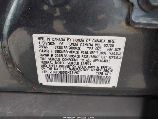 45902210 :رقم المزاد ، 2HNYD18615H531257 vin ، 2005 Acura Mdx مزاد بيع