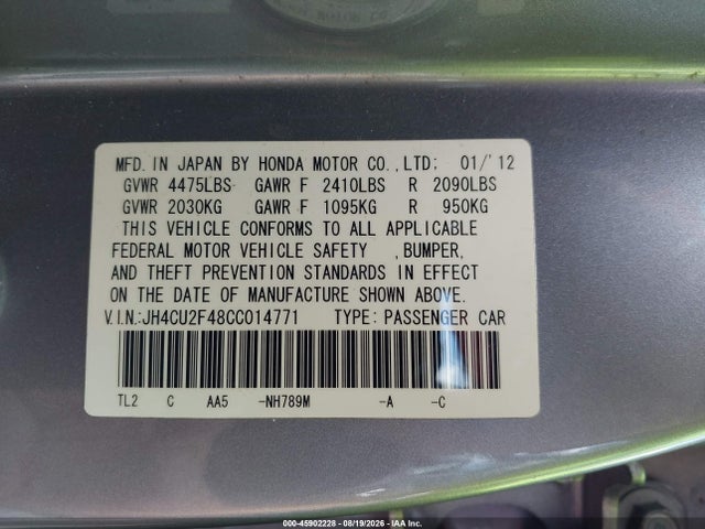 Aukcja sprzedaży 2012 Acura Tsx 2.4, vin: JH4CU2F48CC014771, numer aukcji: 45902228