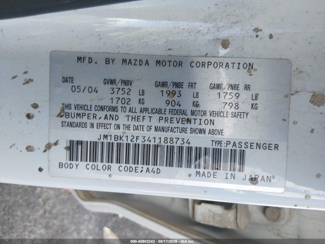 Продаж на аукціоні авто 2004 Mazda Mazda3 I, vin: JM1BK12F341188734, номер лоту: 45902242