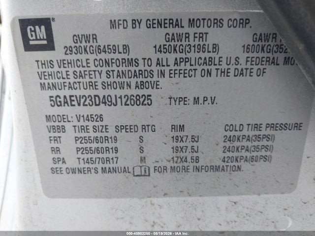 Aukcja sprzedaży 2009 Buick Enclave Cxl, vin: 5GAEV23D49J126825, numer aukcji: 45902250