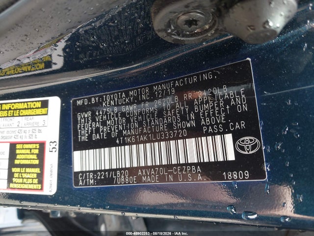 2020 Toyota Camry Xse მანქანა იყიდება აუქციონზე, vin: 4T1K61AK1LU333720, აუქციონის ნომერი: 45902253